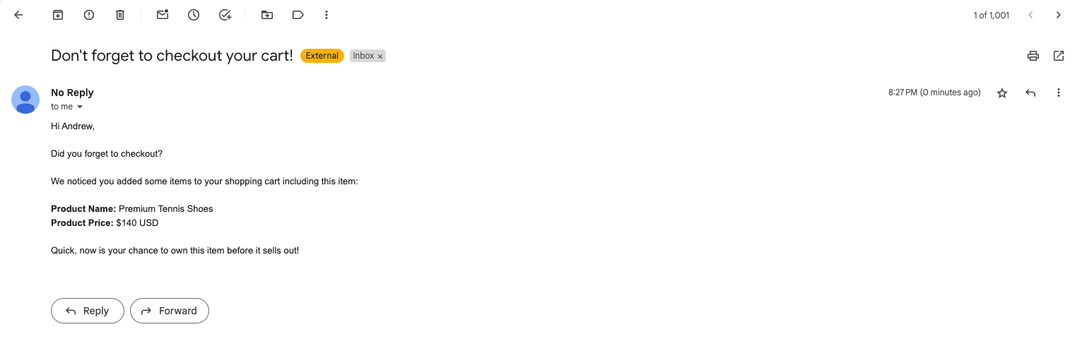 A screenshot of an email, with the name, item, and price personalized.